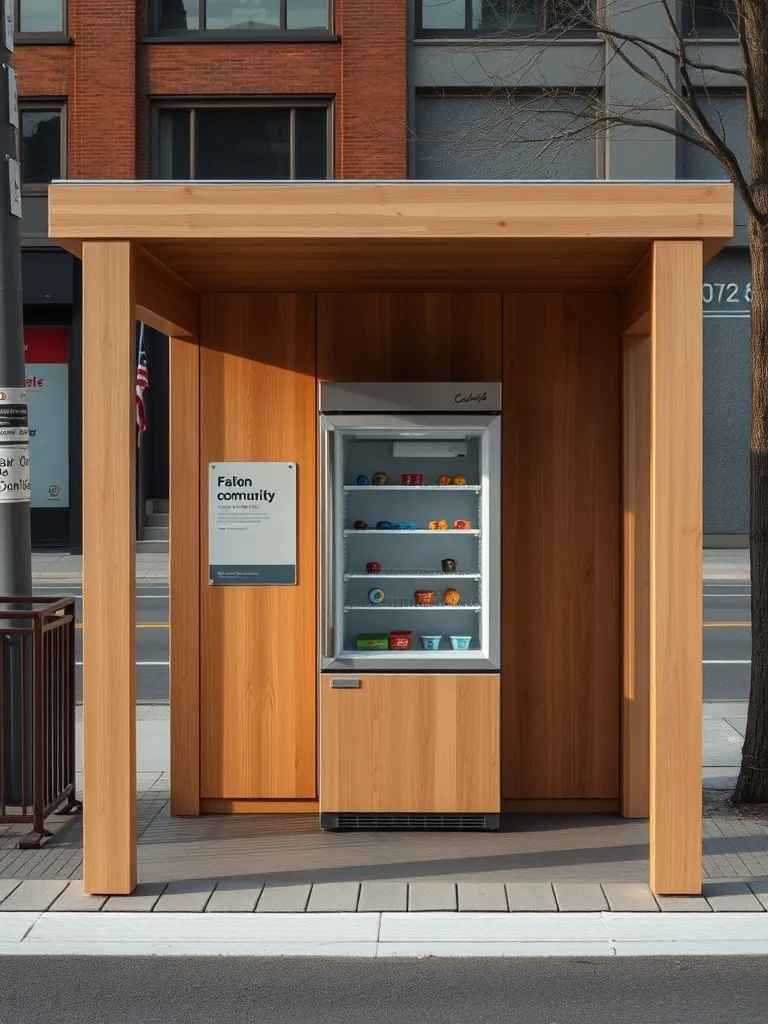 A minimalist, architectural shot of a community fridge integ
