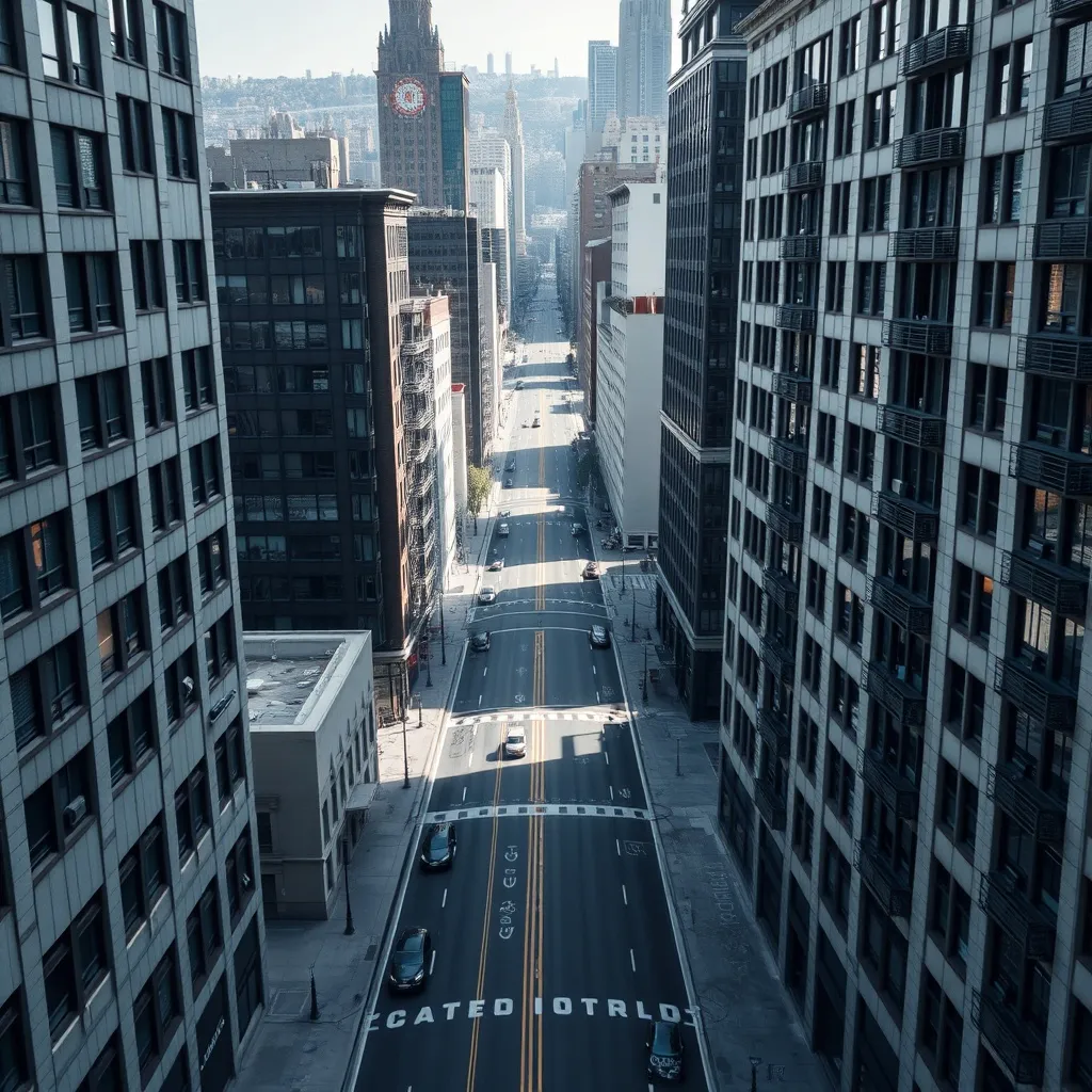 A high-angle architectural shot of Montreal urban street gri