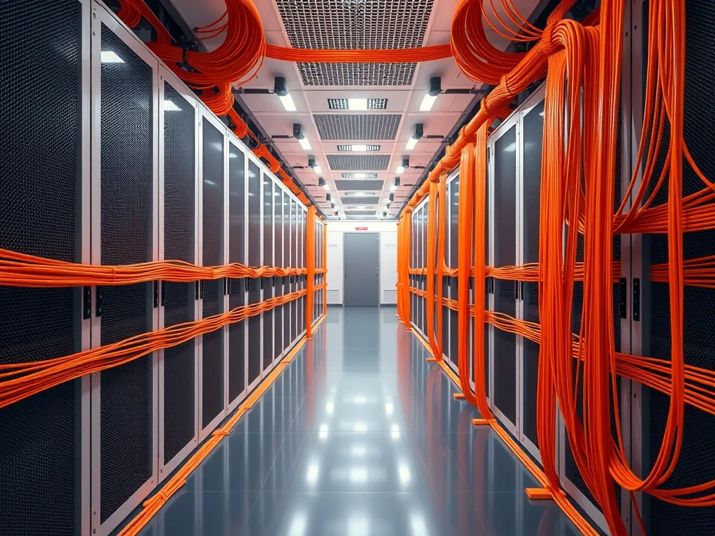 A clean, minimalist high-tech server room with orange fiber