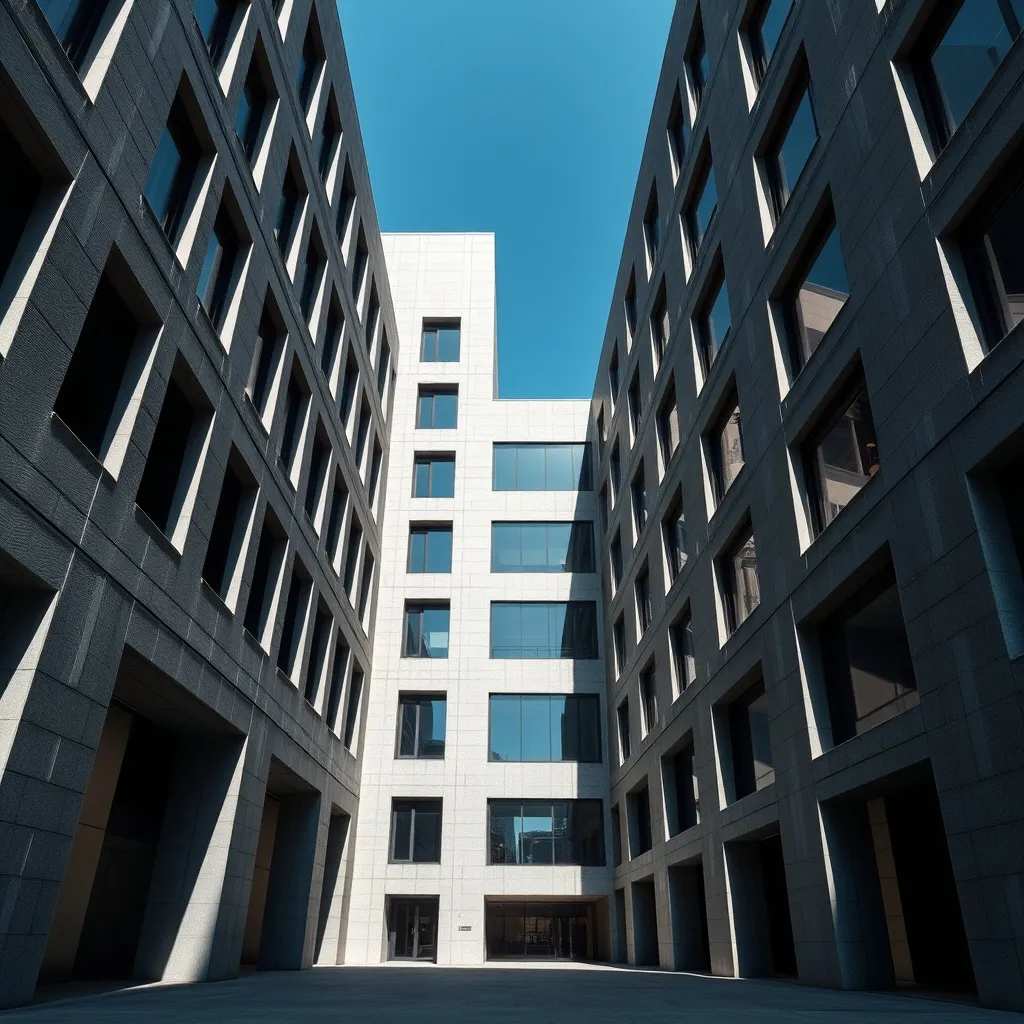 A wide architectural shot of a modern concrete building with
